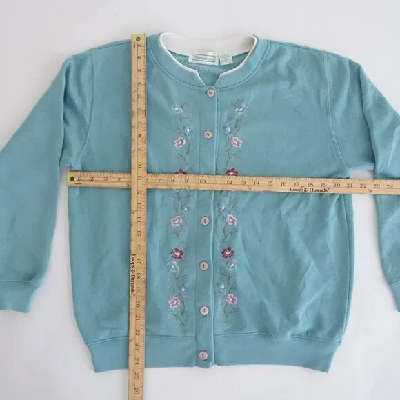 Vintage Shenanigans Teal Cardigan Floral Embroidery Romantic Coastal Grandma M - Picture 4 of 11
